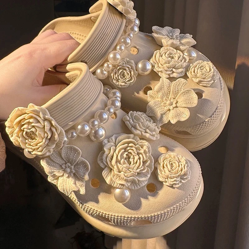 白鹿同款花束洞洞鞋女夏季外穿EVA泡芙云朵包头厚底凉拖鞋diy花瓣