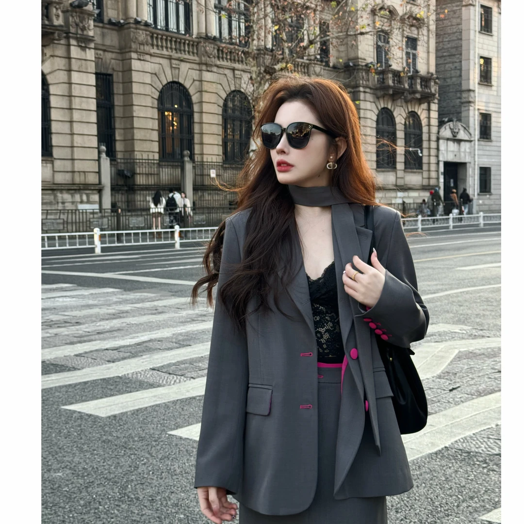 【金秘书】2025SP春秋时尚休闲气质设计感显瘦西装半身裙三件套女