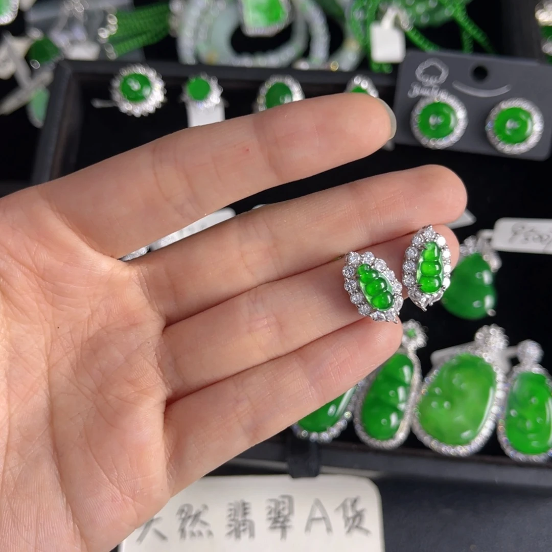 翡翠银S925镶嵌戒指福豆耳钉