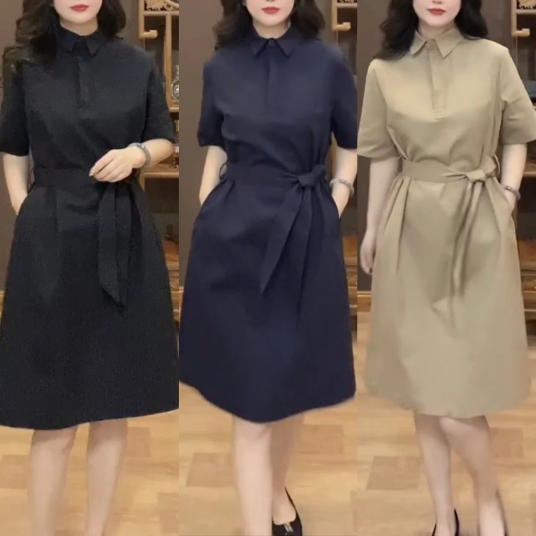 夏季新款时尚气质连衣裙短袖翻领宽松收腰显瘦中长款女裙