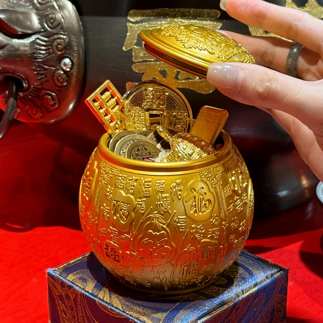百福黄铜带盖米缸聚宝盘摆件（已开灯）