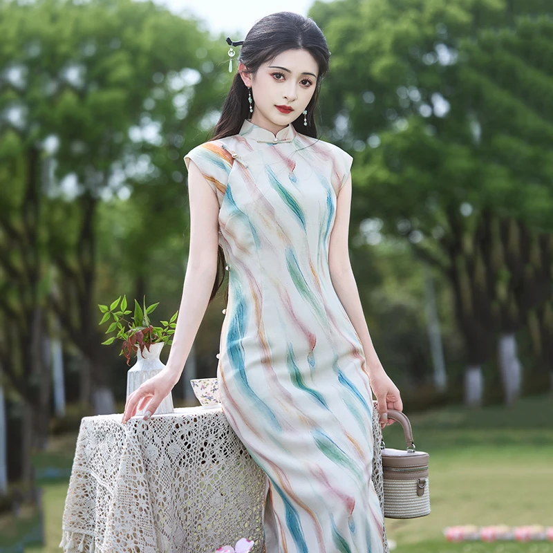 彩墨吟 | 年轻款古法全开襟竹节麻旗袍2025夏季新款一片式日常装