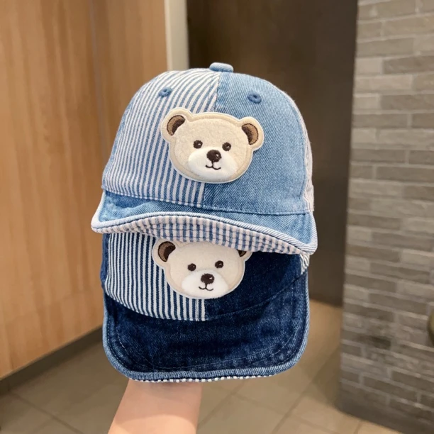 【萌酷出街】婴儿春秋新款条纹牛仔小熊软檐遮阳帽男女宝宝棒球帽潮