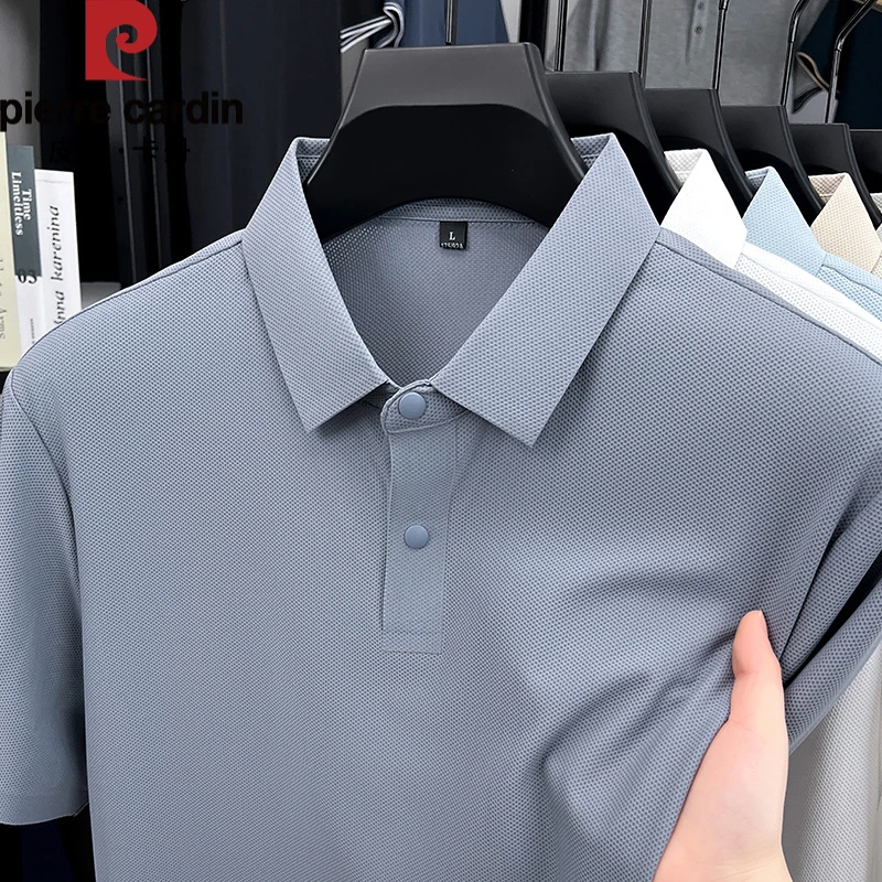 皮尔卡丹夏季爆款高档无痕冰丝按扣t恤男短袖纯色透气休闲polo衫