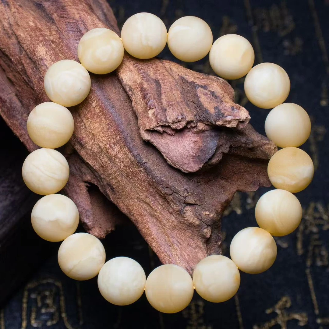 【壹芳珠宝】天然原矿琥珀蜜蜡奶油白花蜡哑光单圈香蜜