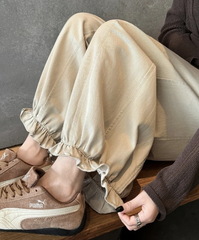 杏色九分花苞裤子女秋季2025新款今年流行爆款百搭宽松显瘦灯笼裤