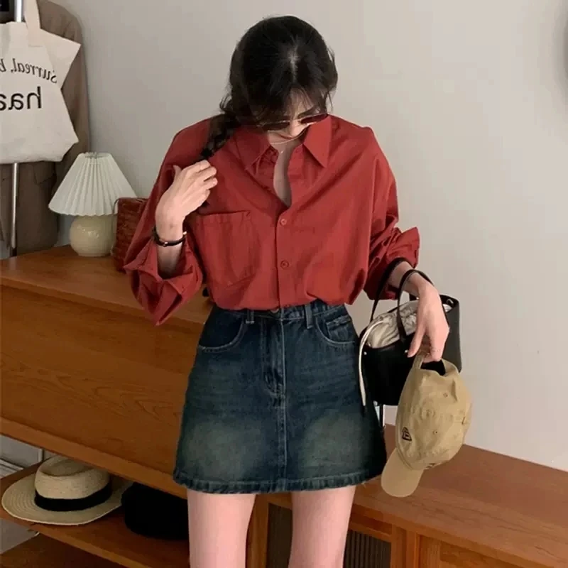 酒红色衬衫女2025早秋新款轻熟风宽松长袖衬衣法式小众别致上衣女