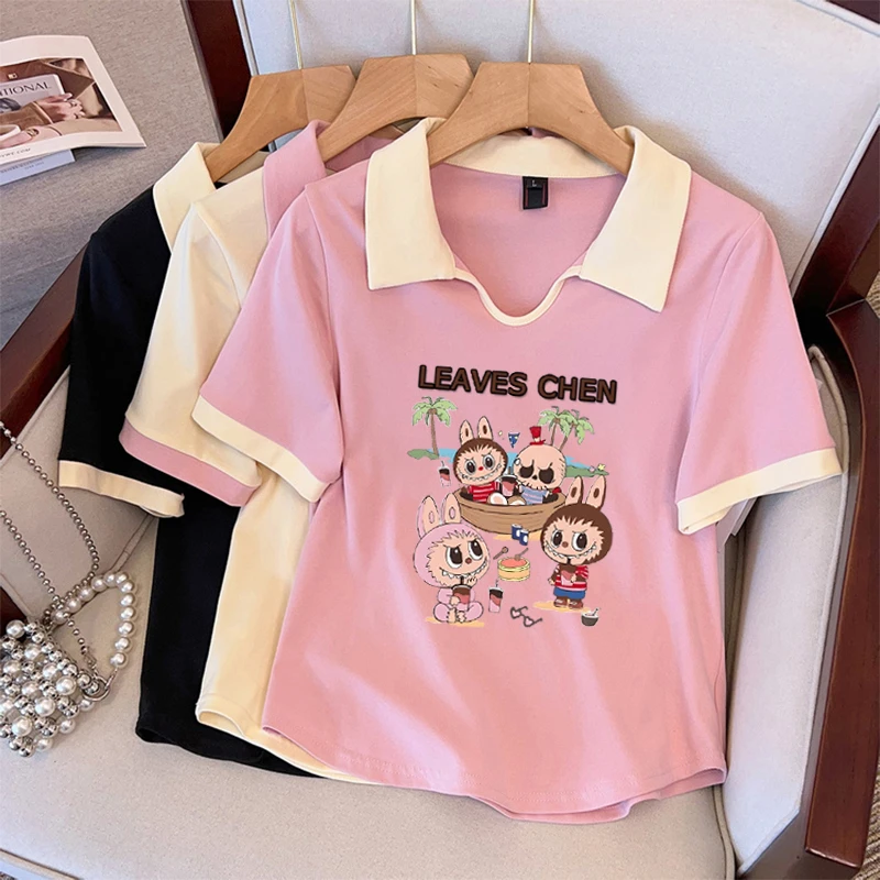 大码胖mm200斤夏季新款卡通印花撞色V领polo衫女夏季显瘦短袖t恤