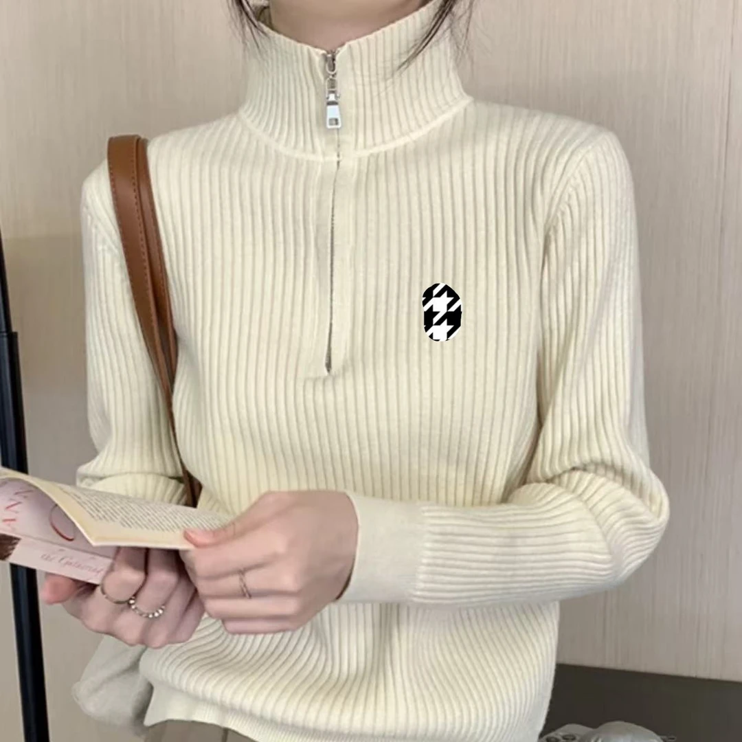 Y T原创（刺绣标半高领毛衣内搭慵懒风链半开领针织打底衫）