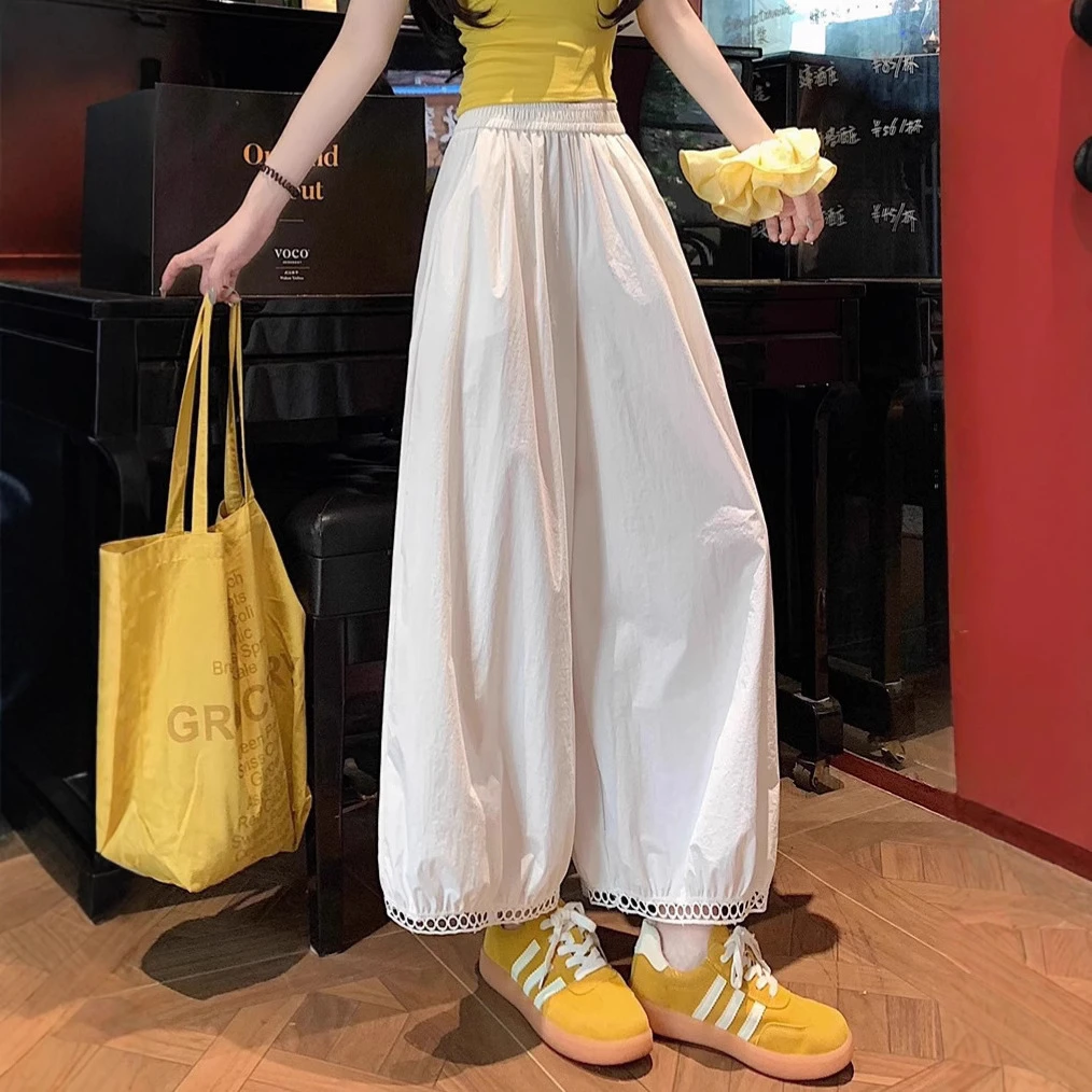 2025新款镂空花边冰丝阔腿裤女夏季薄款设计感高腰宽松九分灯笼裤
