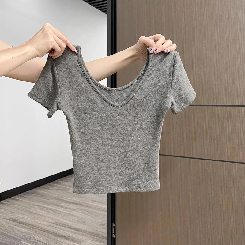 韩版U领正肩辣妹短袖T恤女夏季新款多巴胺配色穿搭气质修身上衣服