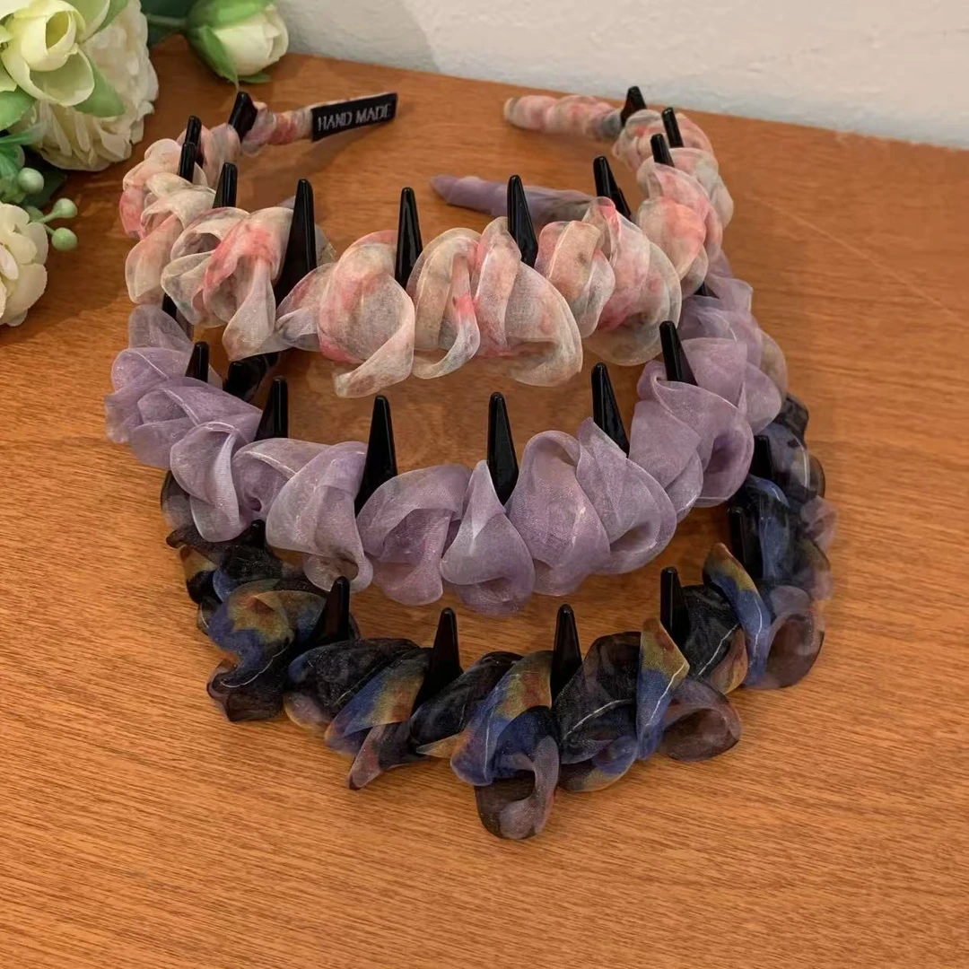 【炫彩渐变】超仙褶皱网纱波浪发箍女夏季带齿防滑高颅顶头箍