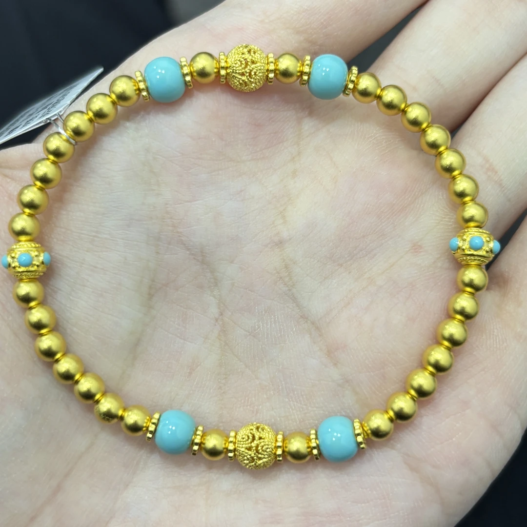 蓝色花丝珠珠手串 足金999