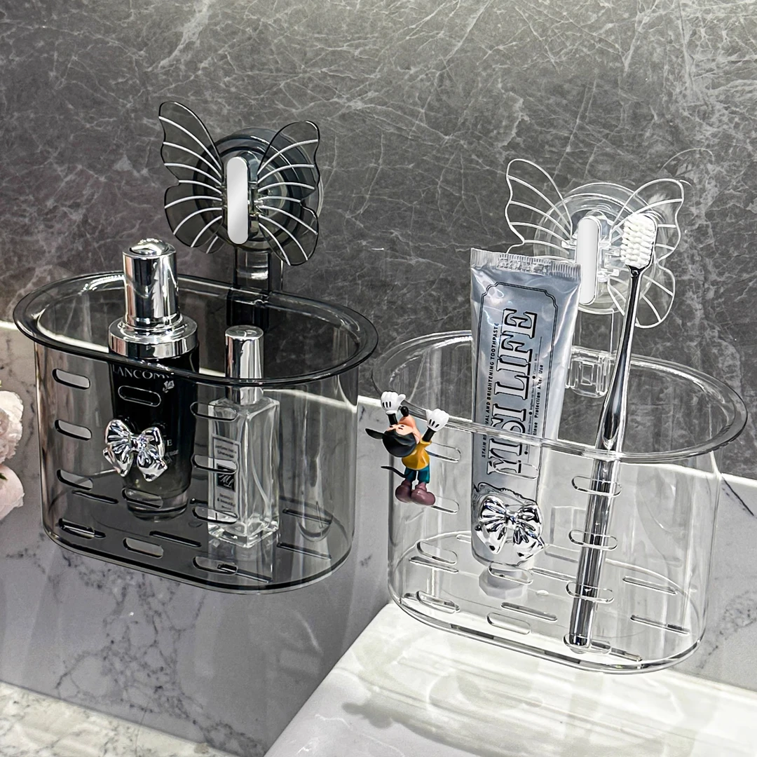 新疆包邮哥蝴蝶吸盘牙刷置物架壁挂式免打孔卫生间挂篮牙膏收纳架