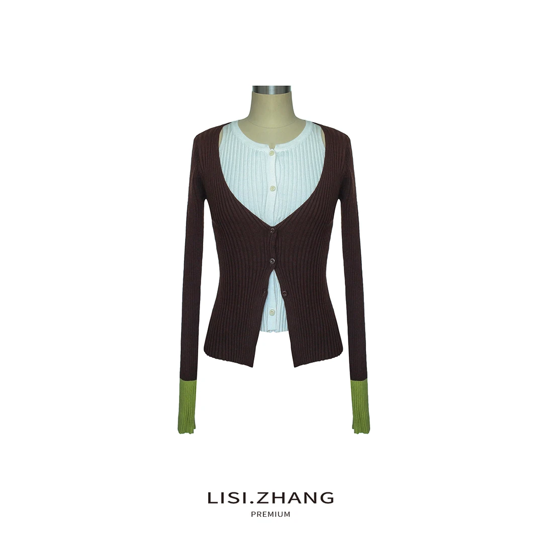 LISI.ZHANG--【巴素兰羊毛针织衫】撞色拼接假两件针织开衫上衣