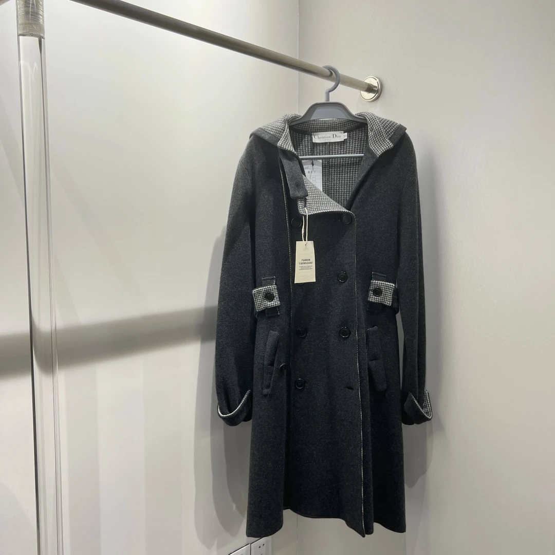 99新 DIOR/迪奥 1j074/双排扣格纹长款大衣 38码 羊毛