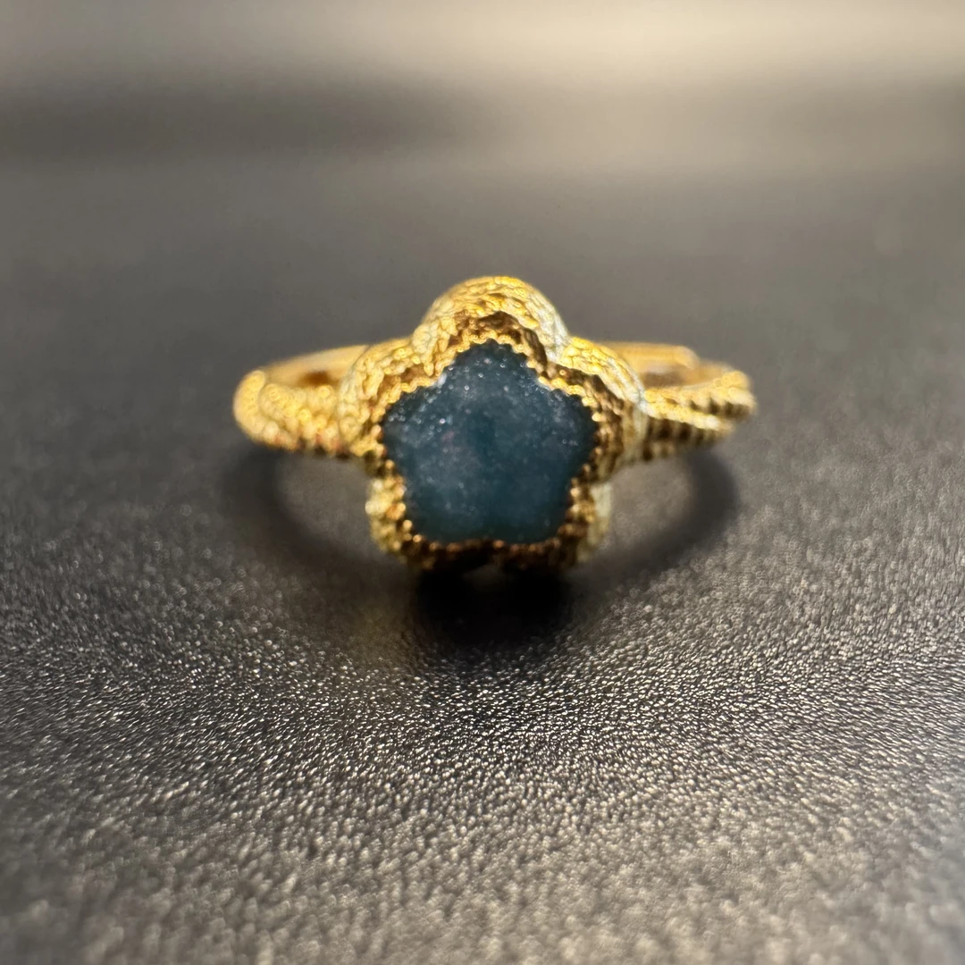 足金999 黄金 珐琅彩多巴胺海蓝花朵戒指