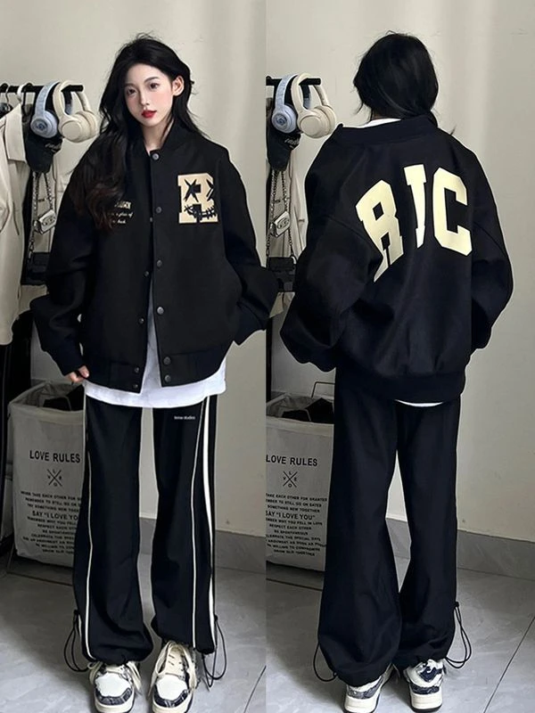 情侣款黑色美式复古棒球服女早春季2025年新款设计感小众夹克外套