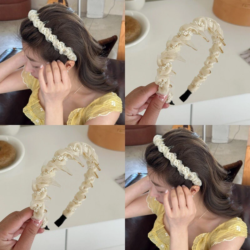 麦致小米珠褶皱网纱发箍女高颅顶带齿防滑头箍外出百搭高级感发卡