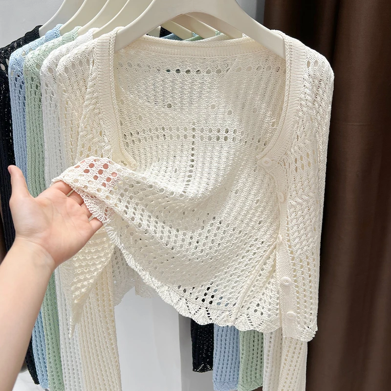 杏色镂空开衫配吊带裙子外搭高级感旗袍披肩冰丝短外套洋气小坎肩