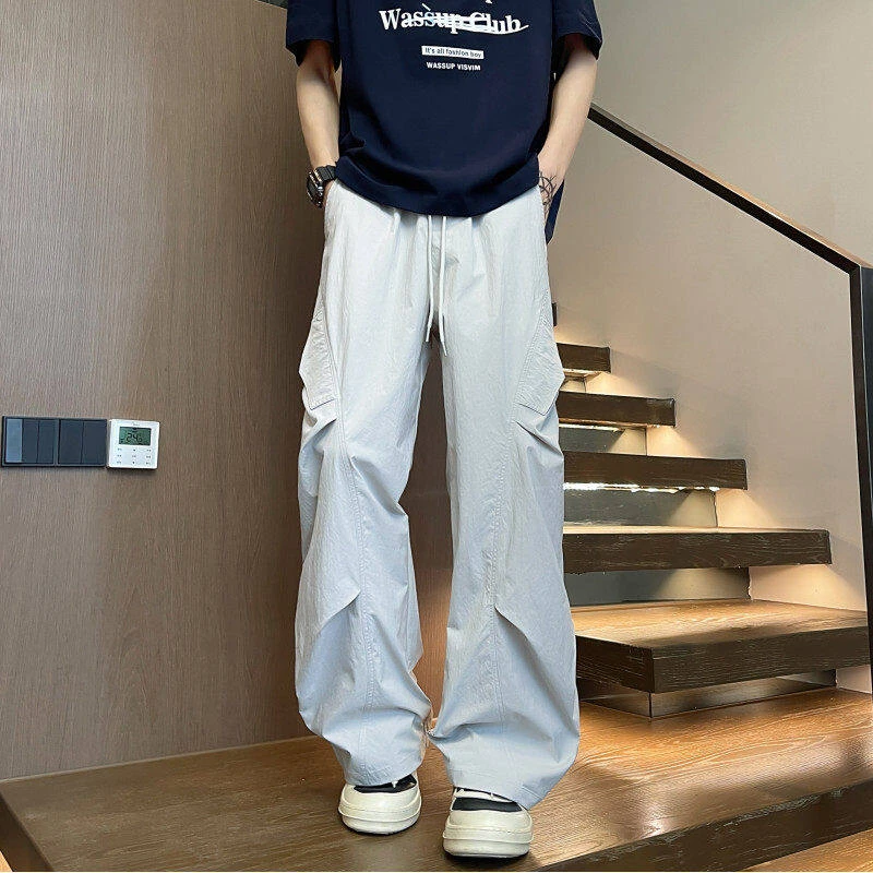 褶皱速干伞兵裤男士夏季薄款潮牌美式冲锋裤子宽松休闲直筒工装裤