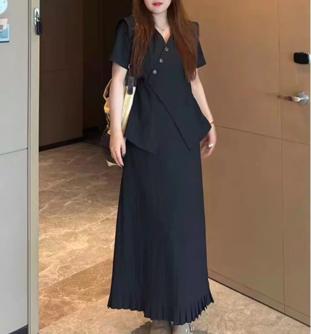 大码赫本风套装女夏季不规则短袖上衣半身裙两件套-5857