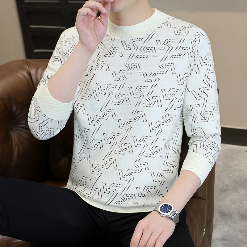 男士秋冬季欧货高品质针织毛衣百搭显瘦款时尚提花圆领毛衣