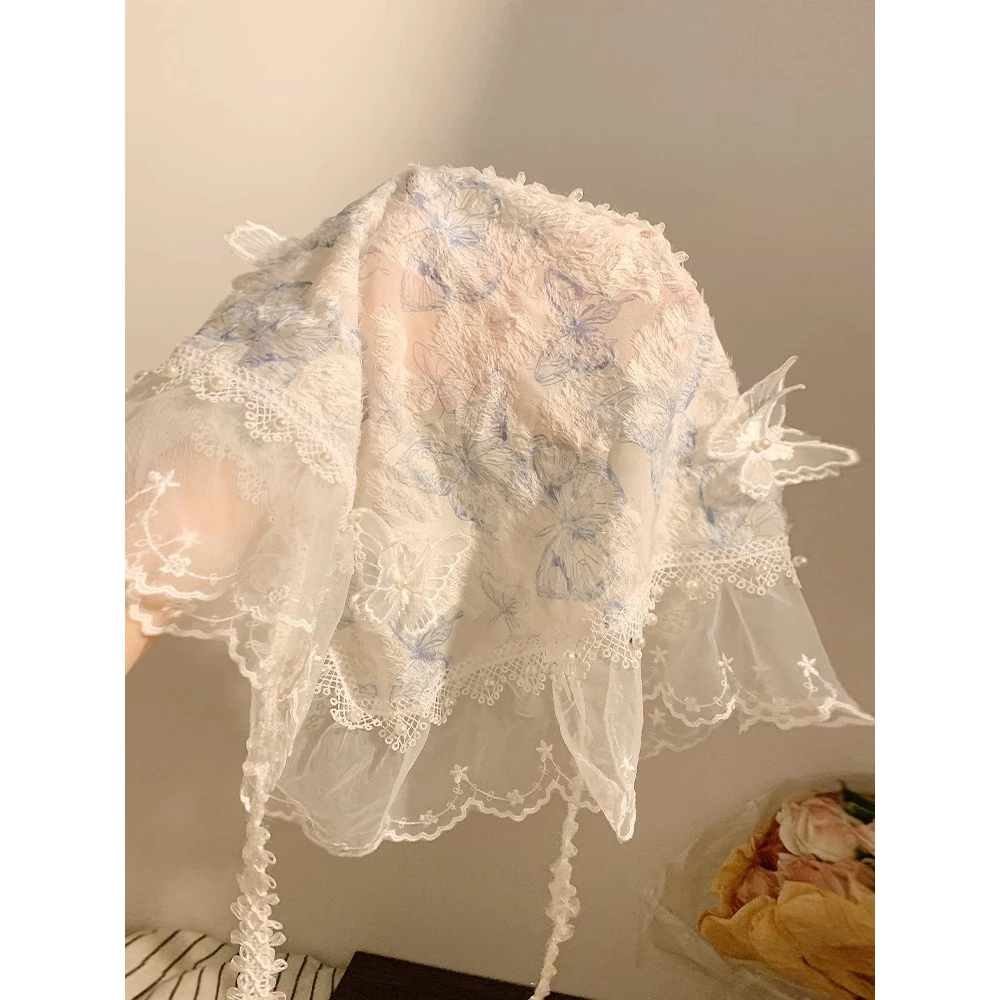 梦幻轻纱~重工蓝色蝴蝶蕾丝三角巾头巾女法式夏薄款海边田园风LX