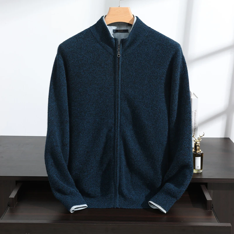 【反季特惠】男士纯山羊绒元宝针半高领时尚针织长袖拉链外套开衫