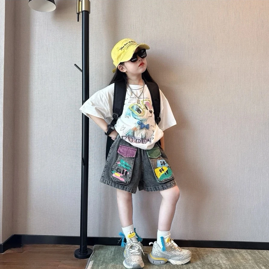 儿童夏季潮酷套装时髦拼色洋气牛仔短裤中大童宽松百搭短袖T恤潮