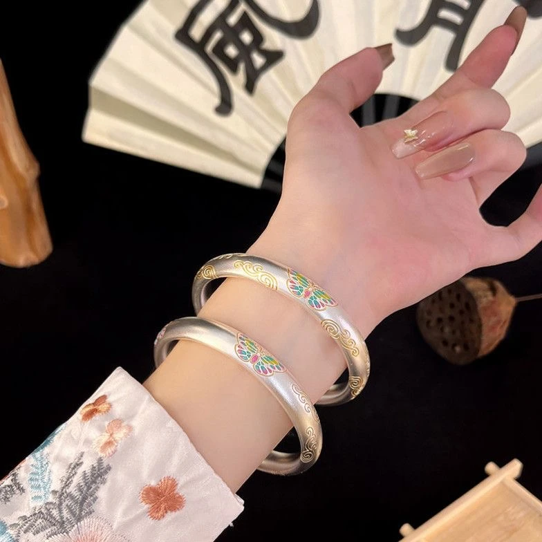 足银手镯祥云珐琅彩蝴蝶闭口实心手镯女描金国风纯银手环 WSZ-4