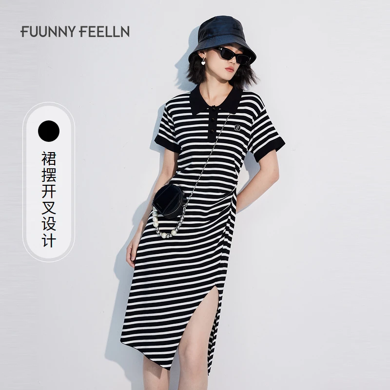 FF仿佛夏季气质条纹连衣裙精致收腰修身显瘦开叉设计感
