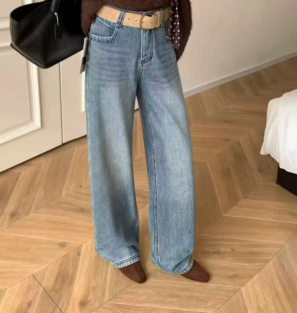 七言家巨好穿！#纳米水洗复古蓝直筒阔腿牛仔裤#6205@