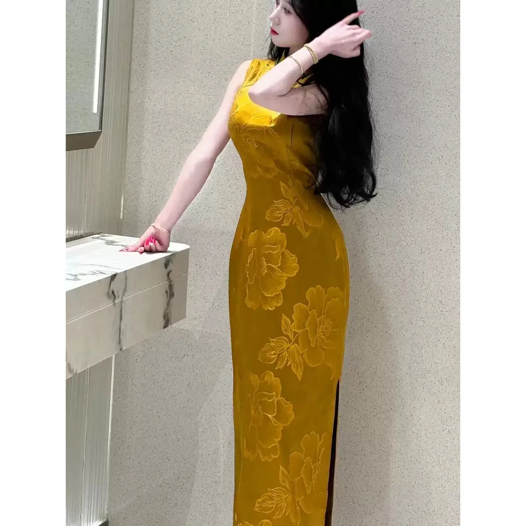 新中式夏季国风旗袍重磅港工无袖提花改良长款女连衣裙 黄金万两