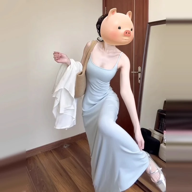 2025早春新款高级感气质御姐风衬衫吊带连衣裙子女夏蓝色长裙套装