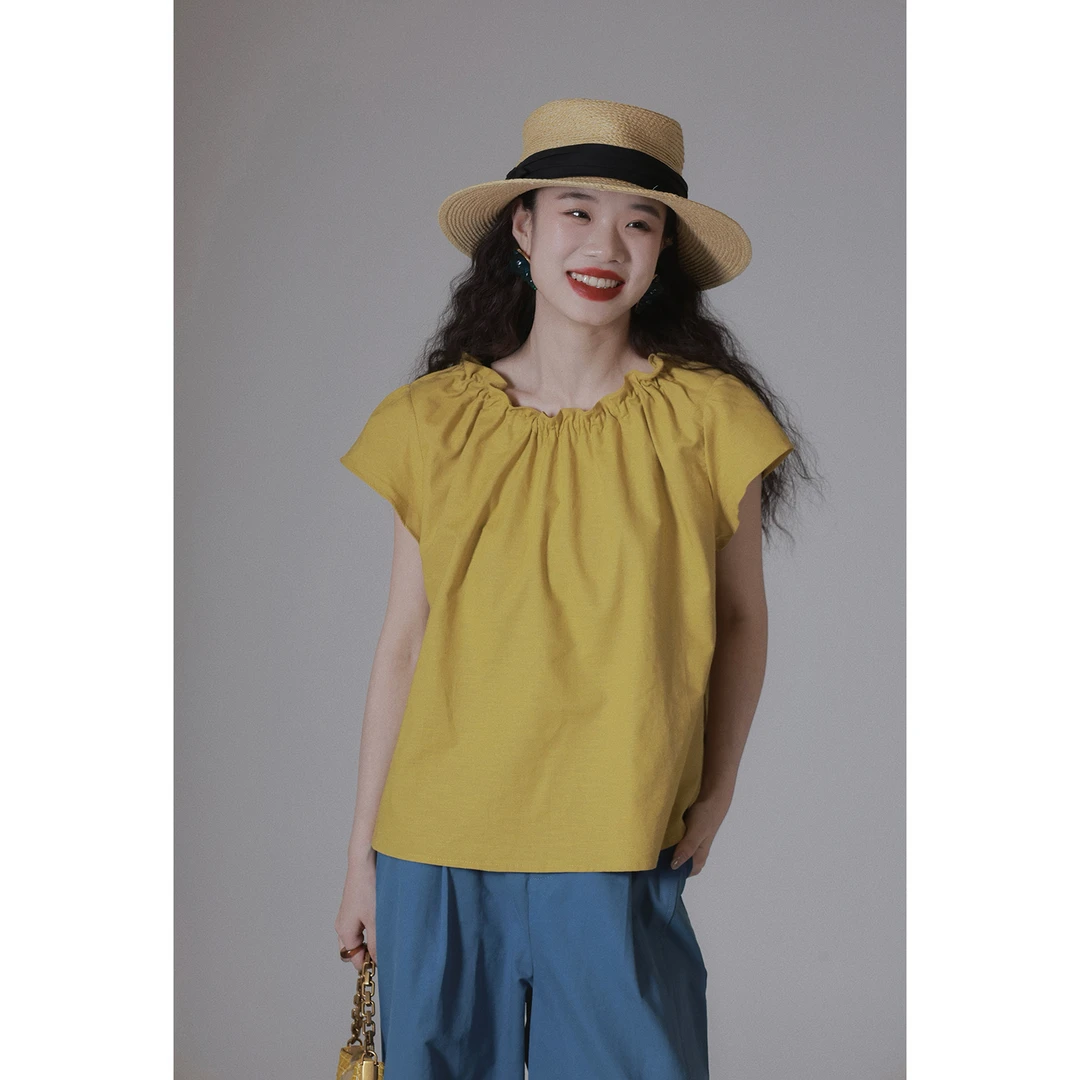 IVY YANG抽绳麻棉宽松短袖T恤