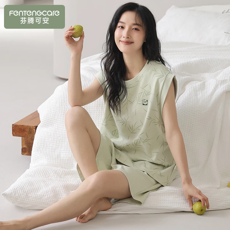 芬腾可安带胸垫睡衣女夏季纯棉薄款无袖背心宽松可外穿家居服套装