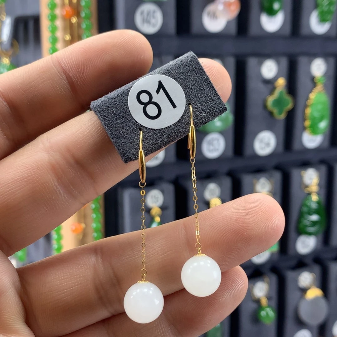 和田玉耳环18K金镶嵌