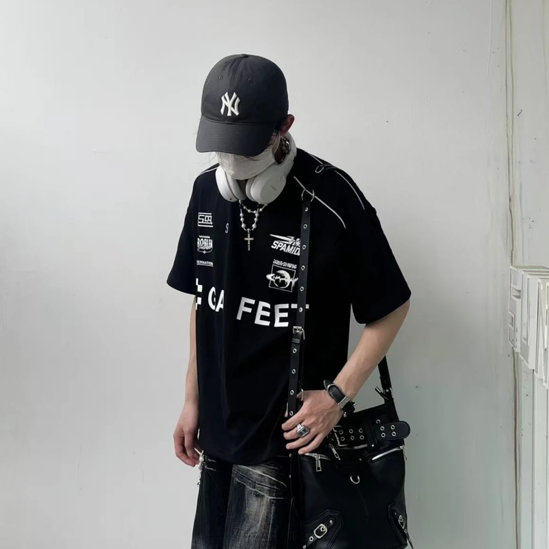夏秋显瘦显高T恤机车风美式男大码百搭休闲圆领港风ins美式潮流