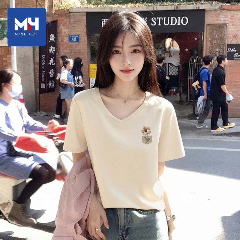 唐狮集团MH抗菌短袖t恤女夏2025新款奶杏休闲百搭INS正肩v领上衣H