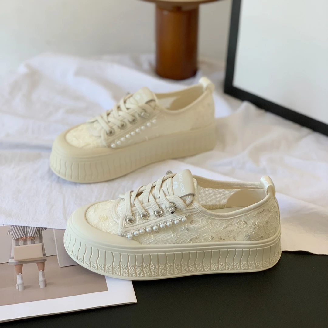 蕾丝网面大头鞋女透气2025年夏季新款厚底增高休闲板鞋时尚饼干鞋