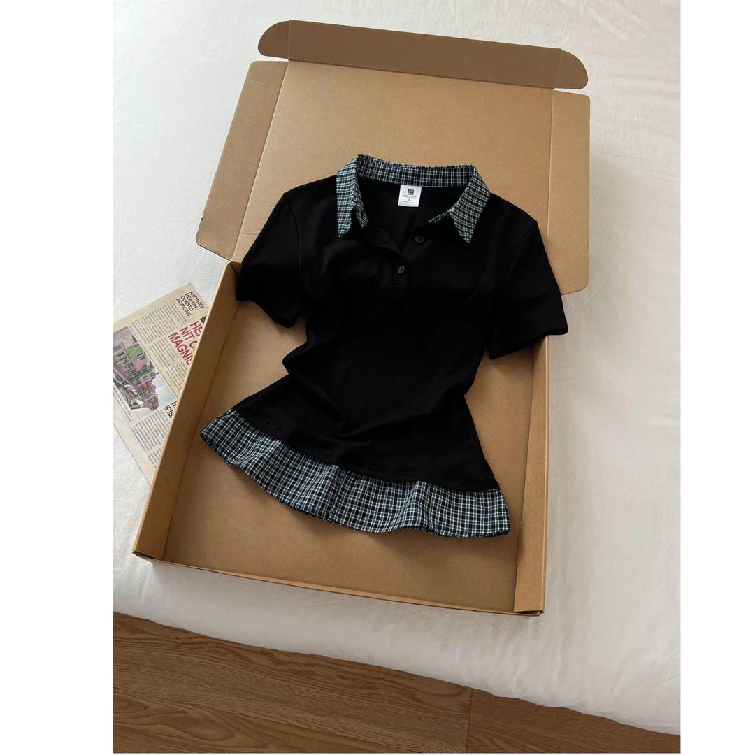 夏季新款撞色格子拼接短袖t恤POLO领千金清冷感贵系衣服女上衣夏