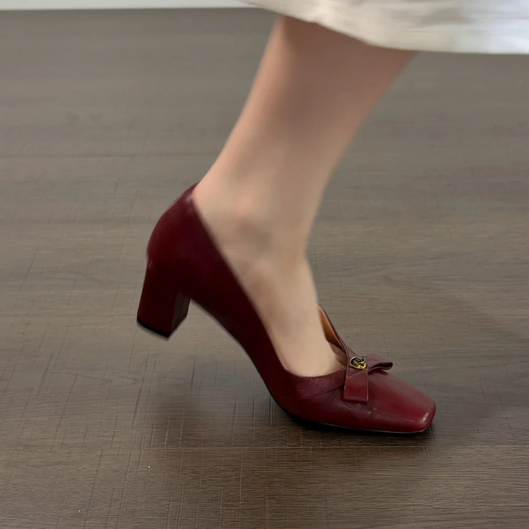 5.5cm/2656羊皮方头浅口单鞋女春秋百搭粗跟高跟复古玛丽珍鞋真皮
