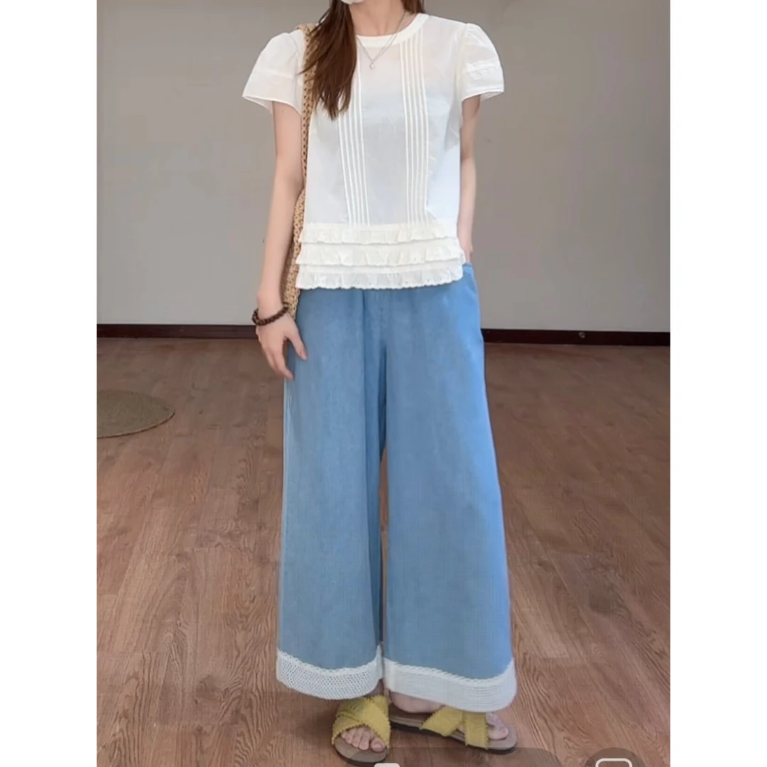 【现货】水洗软牛仔超薄拼接花边松紧腰头显瘦阔腿牛仔裤