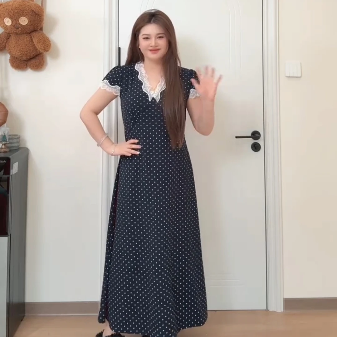 法式复古爆款波点连衣裙2025新款蕾丝气质夏季长裙修身显瘦收腰