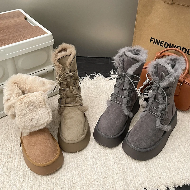OJRZ皮毛一体中筒雪地靴子女2025秋冬季新款加绒保暖加厚底棉鞋