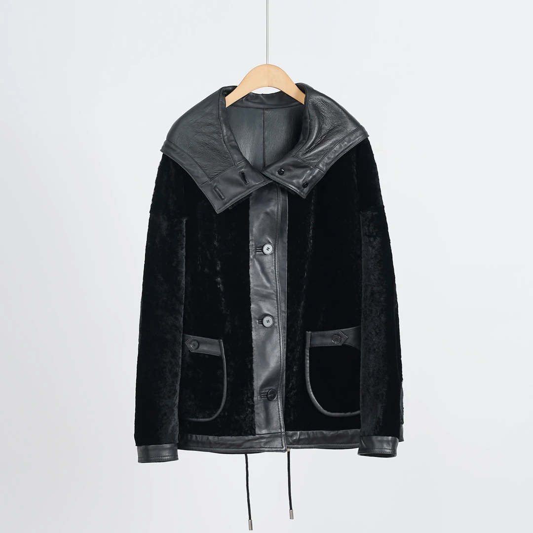 高级定制 神秘*黑御寒质感连帽拉链皮毛一体皮草外套（252087）