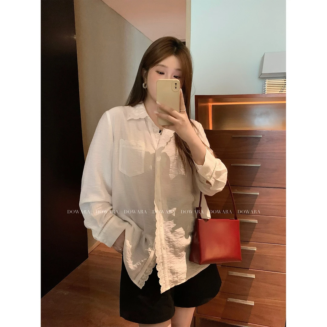 现货大婉酱微胖定制【晨露衫】法式蕾丝拼接衬衫女高级感衬衣 9073D