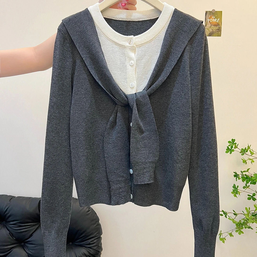 韩系穿搭撞色假两件绑带拼接长袖针织开衫女秋设计感小众新款上衣