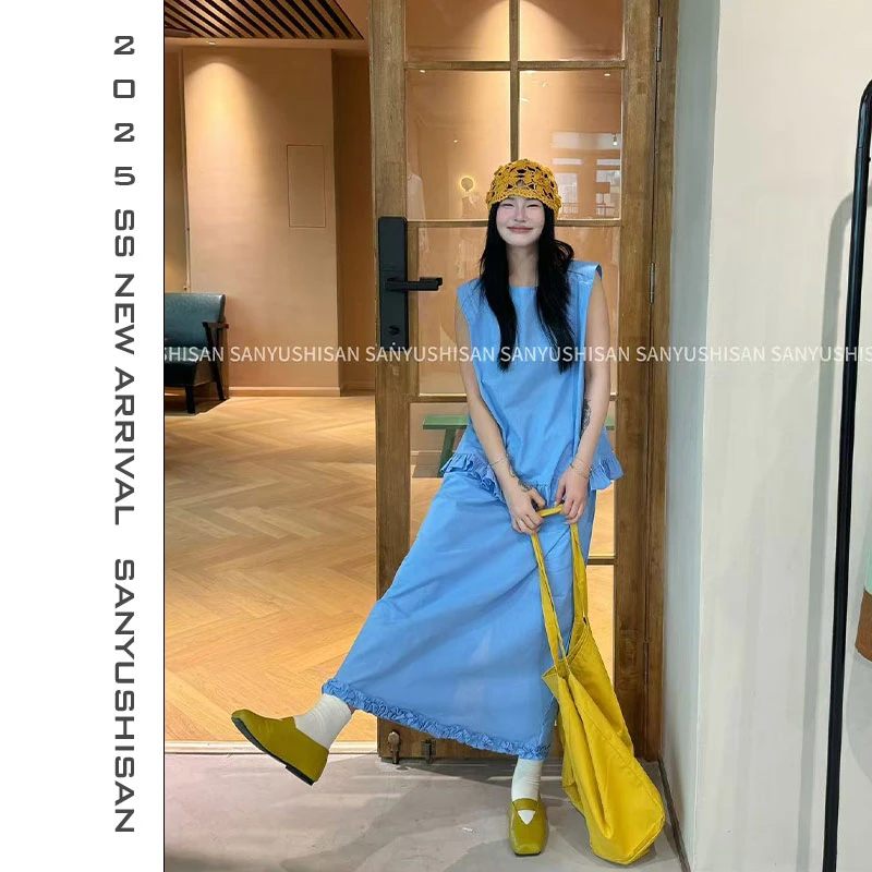 三与十三|幽兰日记|韩系甜美宽松圆领无袖木耳边背心半裙两件套y